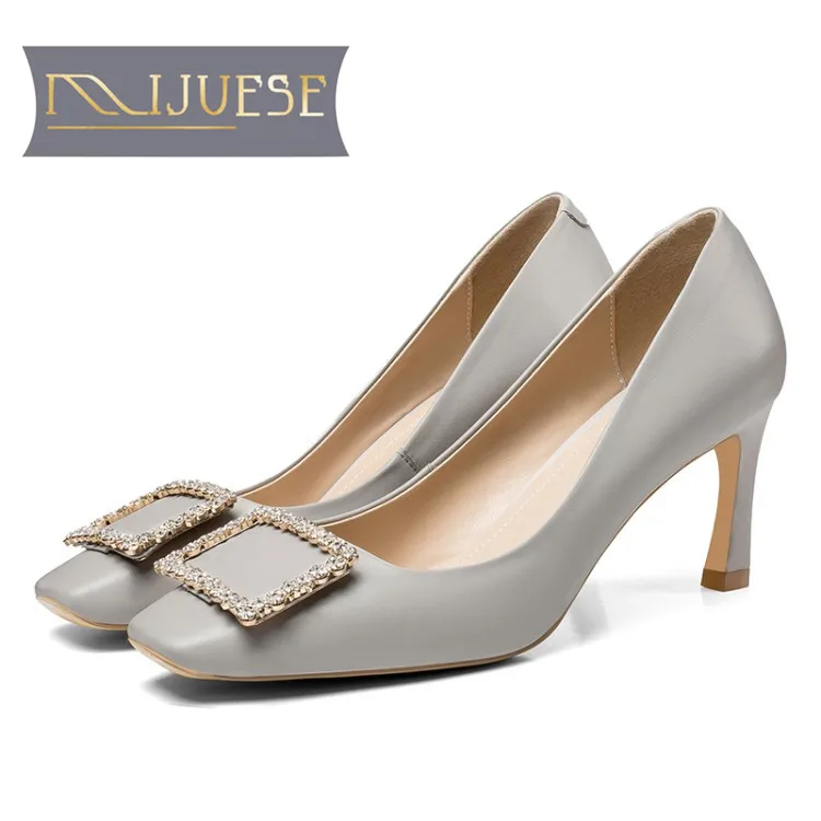 

MLJUESE 2019 women pumps autumn spring cow leather black color crystal square toe high heels lady shoes party dress wedding