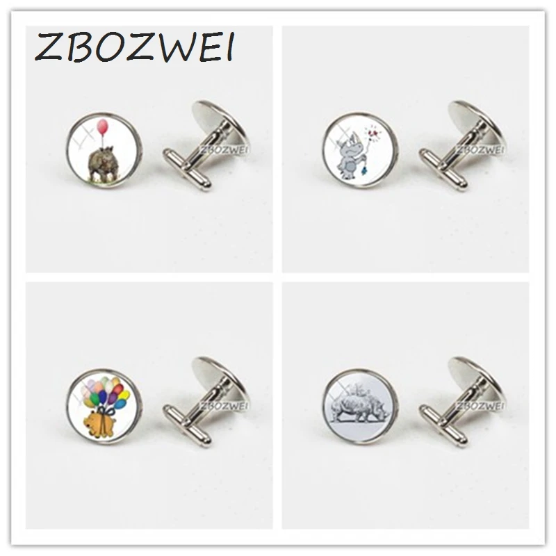 

ZBOZWEI 2018 New Cartoon Animal Role Photo Cufflinks I Love Rchinos Logo Cuff Link Round Dome Jewelry Shirt Cufflink For Women