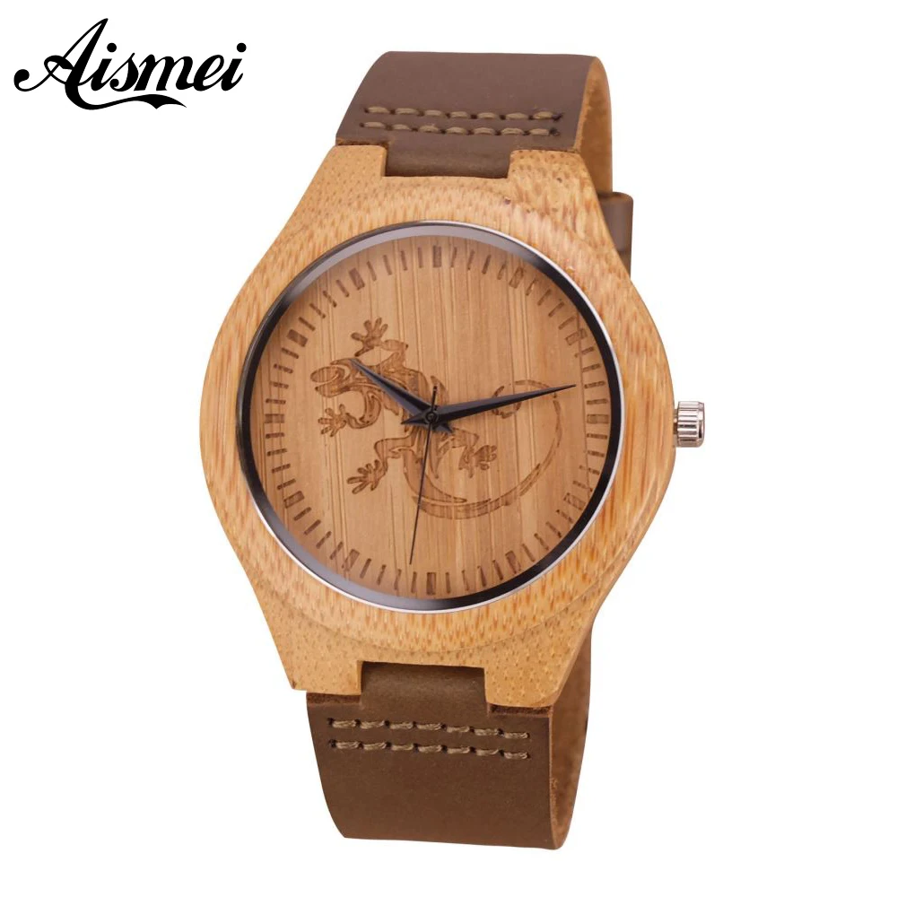 

2018 New Top Brand Gecko Design Dial Bamboo Wooden Men Watch Luxulry Genuine Leather band Quartz Male Wood Wrist watches Clock