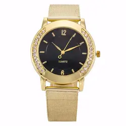 Новый Открытый Женская мода Кристалл Золотой из нержавеющей стали аналоговые кварцевые наручные часы браслет