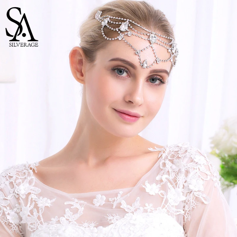 

SA SILVERAGE Water Drop Crystal Forehead Jewelry Wedding Bridal Forehead Head Chain Headdress Hair Accessories for Woman Trendy
