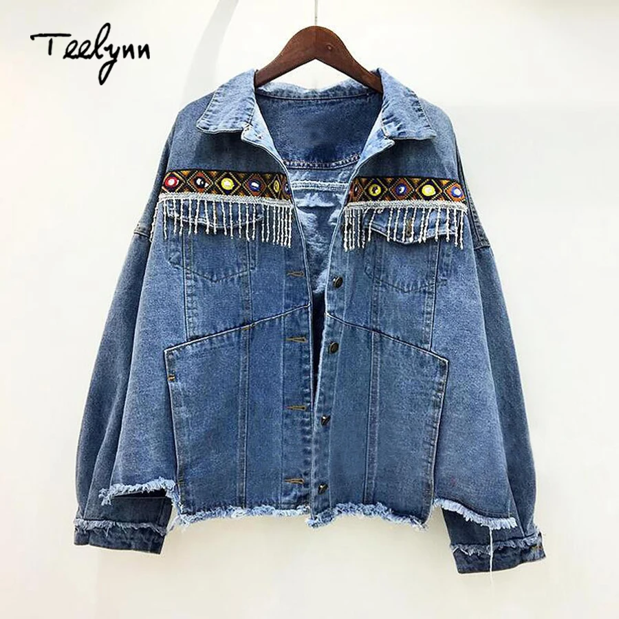 Женская джинсовая куртка TEELYNN Осеннее винтажное Свободное пальто с вышивкой и