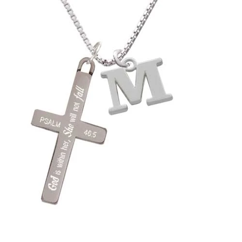 Large Initial - M - - She will not Fall - Cross Necklace (1)