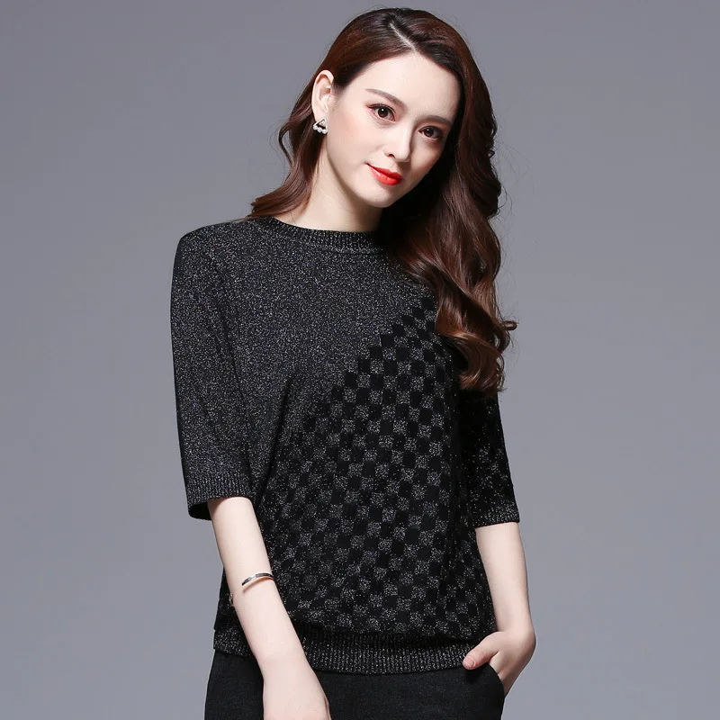2018 Korean Style Loose Short Sleeve Bright Thin Flash Sweater Shirt Women Sweaters And Pullovers Tops Streetwear Woman Clothes |