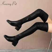 Krazing Pot/ г. Зимняя Уличная обувь из телячьей кожи и замши женские сапоги выше колена на среднем квадратном каблуке L7f1