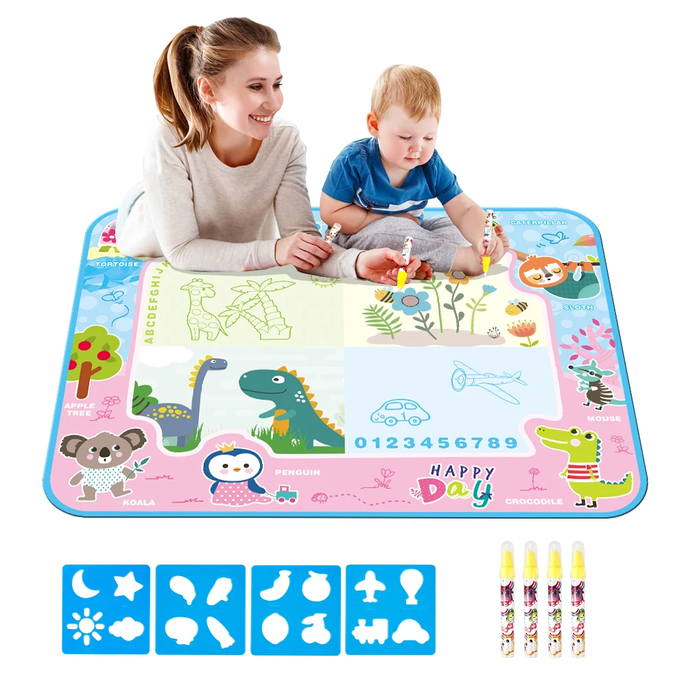 80x60cm Rainbow Water Drawing Mat 4 Pens & 4 Pcs Plastic Template Water
