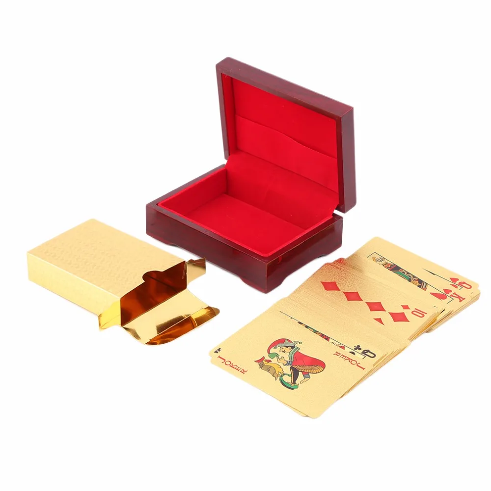 Beste 1 set Poker Draagbare Dollar, Euro, moza iuml;ek Patroon Speelkaarten 24 k Vergulde Volledige Poker Deck Pure + Houten Doos Kerstcadeau