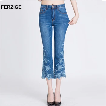 

FERZIGE Women Jeans Embroidered Flares Bell Bottoms Stretch High Waist Slim Fit Rhinestones Casual Ladies Ankle Length Pants 36