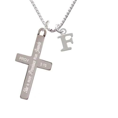 Small Initial - F - - She is More Precious - Cross Necklace (1)