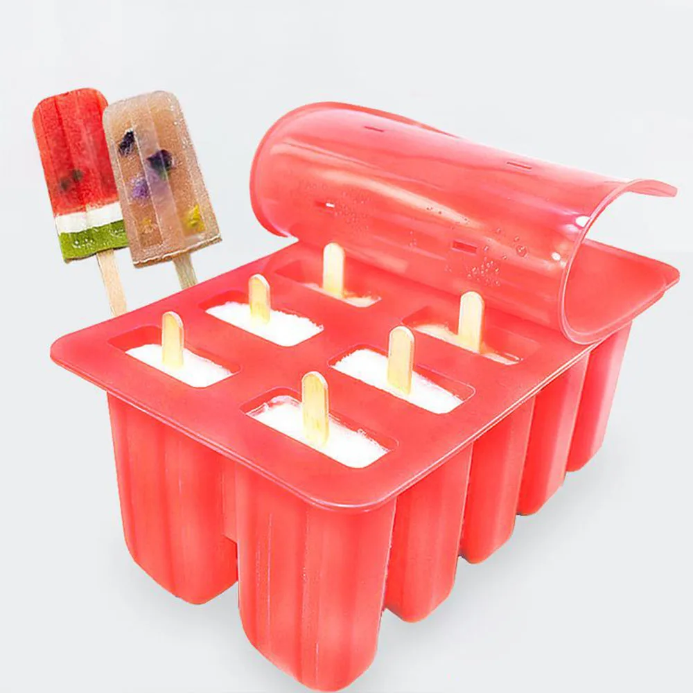 10 ячеек, детский силиконовый кубик для мороженого с крышкой, формы для мороженого, многоразовые формы для мороженого на палочке, сковорода, кухонные инструменты - Цвет: PJ525R