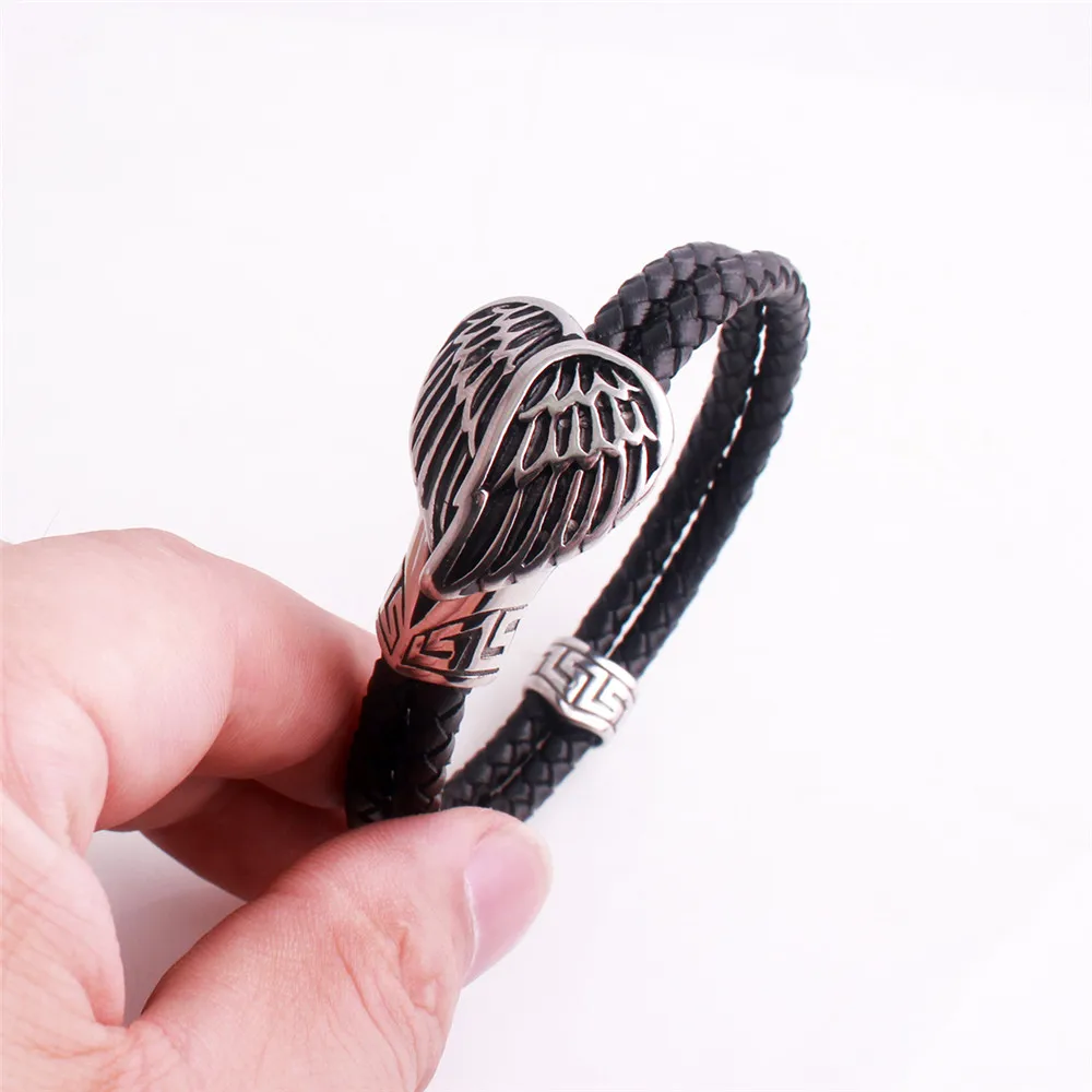 

Men Punk 316L Stainless Steel Heart-Shaped Black Genuine Leather Bracelets Punk Wing Clasp Wrap Bracelet
