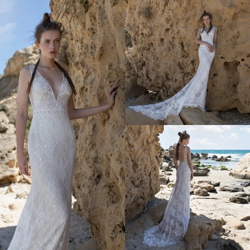 

Chic Mermaid Wedding Dress 2019 V Neck Lace Applique Sequined Sweep Train Boho Vestido De Novia Backless robe de soiree