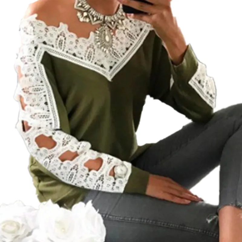 

Autumn Off Shoulder Lace Patchwork Sweater Sexy V Neck Long Sleeve Hollow Out Pullover Women's Casual Base Jumpers Female Tops