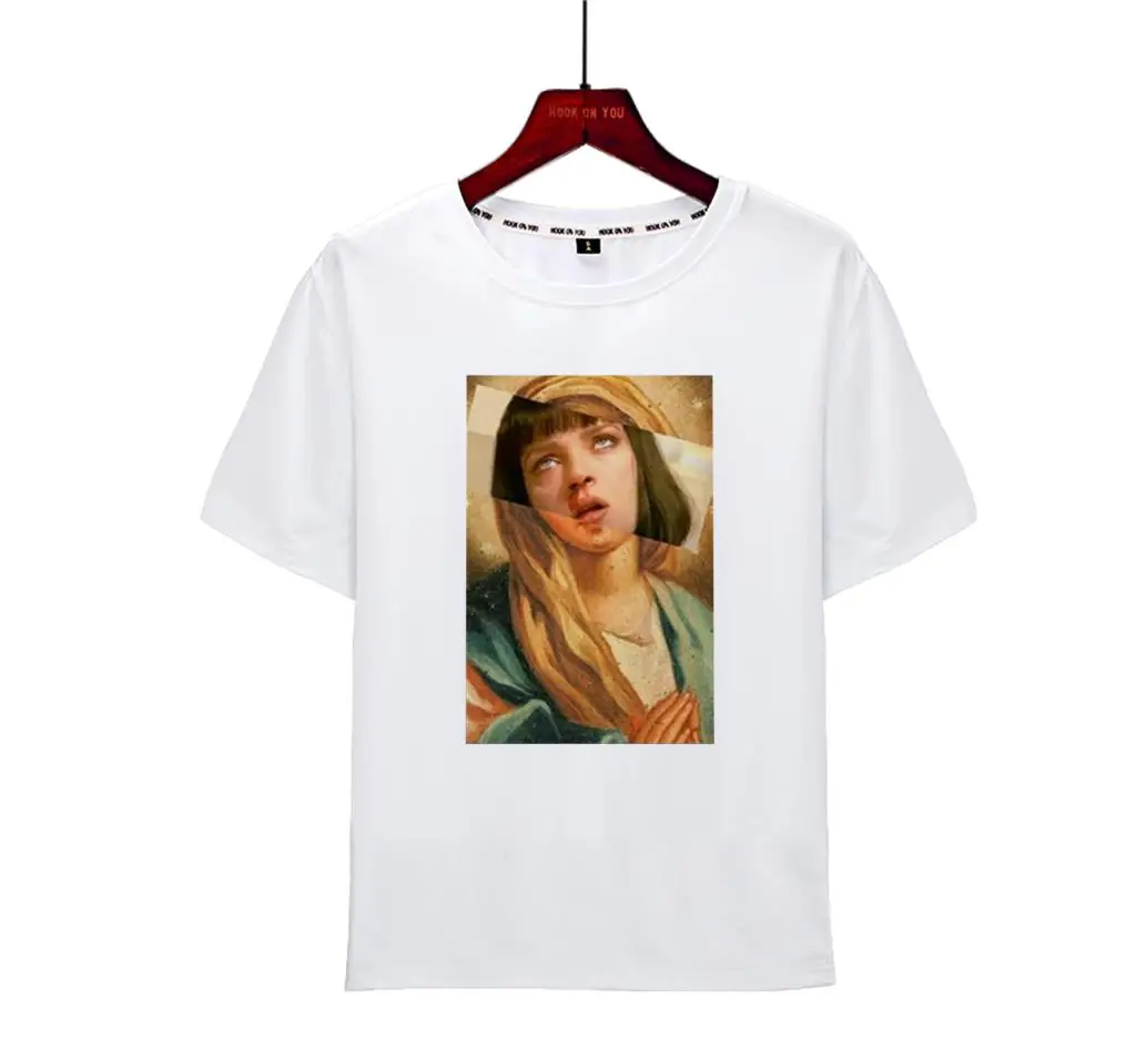 

Harajuku Male T-shirt Virgin Mary Mixed Pulp Fiction Mia Wallace T Shirt Men Summer Tshirts Funny shirt Novelty Tops Tees