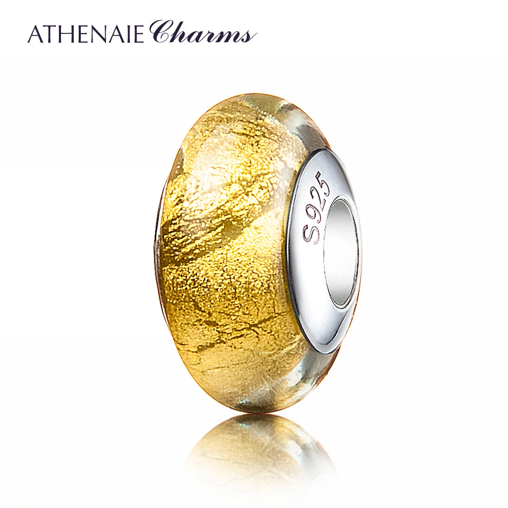 ATHENAIE Genuine Murano Glass 925 Silver Core Gold Foil Charm Bead Fit  European Charms Bracelets Color Yellow Jewelry