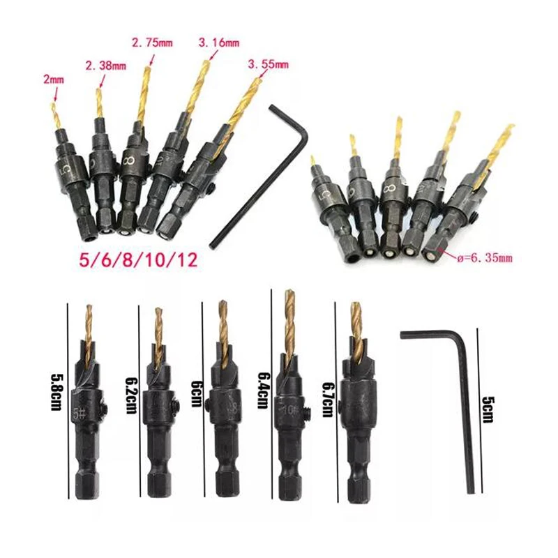 5 шт. сверло для зенковки деревообрабатывающее сверло набор сверл базовые отверстия для винтовых размеров#5#6#8#10#12