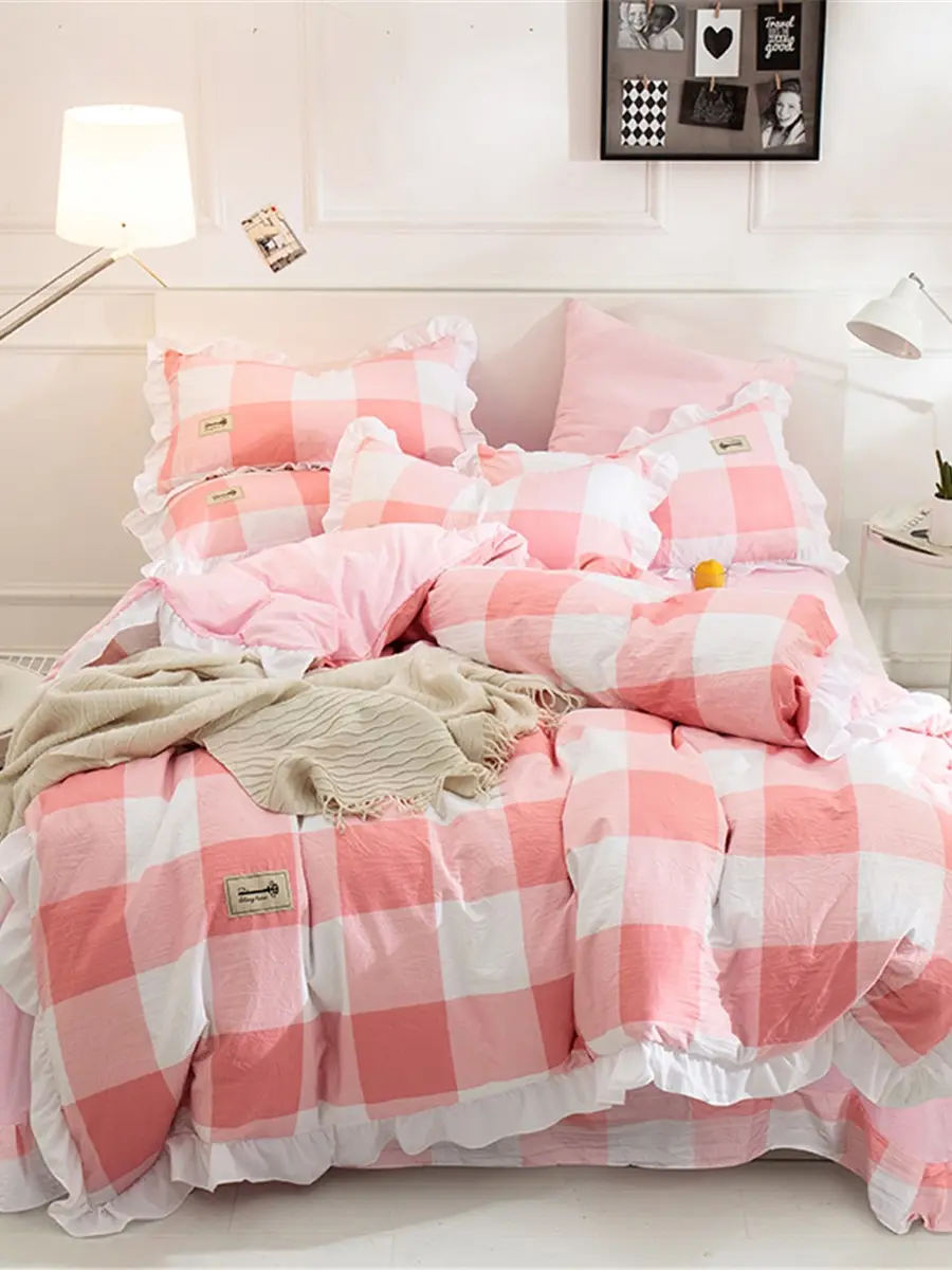 

3/4 Pcs Duvet Covers Sweet Plaid Pattern Ruffled Bed Clothes