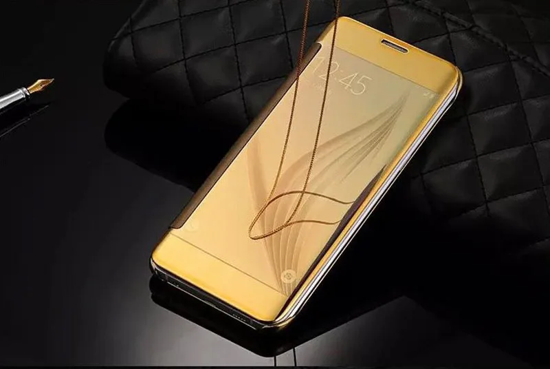 Винтаж флип-чехол для телефона для Samsung Galaxy A3 A5 A7 A810 S8 S9 плюс A8 J3 J7Pro Coque iphone кожа Clear View чехол с зеркальной поверхностью - Цвет: Gold