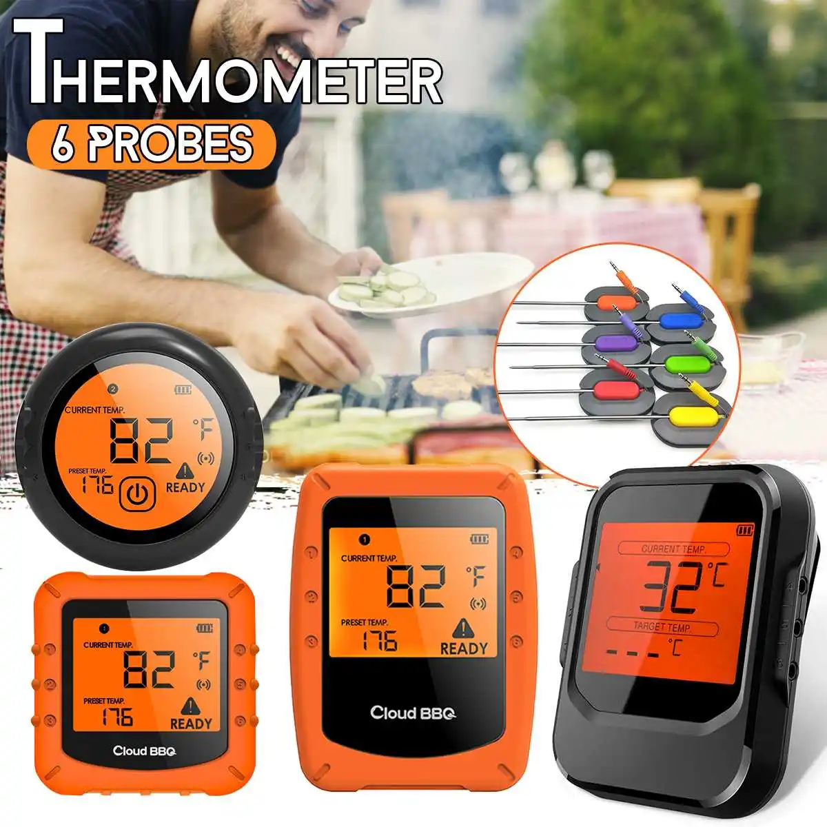 Цифровой bluetooth 4,0 беспроводной термометр для барбекю с 6 зондами контроль приготовления пищи таймер Духовка Гриль Термометр кухонный инструмент