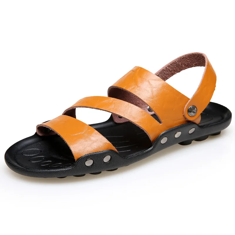 QFFAZ/мужские сандалии; летние мужские шлепанцы; кожаная обувь; пляжные Повседневные Дышащие домашние тапочки; Мужская обувь; шлепанцы; Zapatos; размер 48 - Цвет: Yellow
