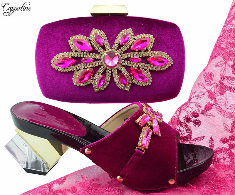 

Charming fuchsia strange heel shoes matching with handbag set with shinning stones QSL006 free shippping