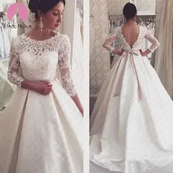 Новое поступление Vestidos de Novia скромный длинный рукав турецкие свадебные платья Scoop Сатиновые аппликации A-Line свадебное платье Robe De Mariee