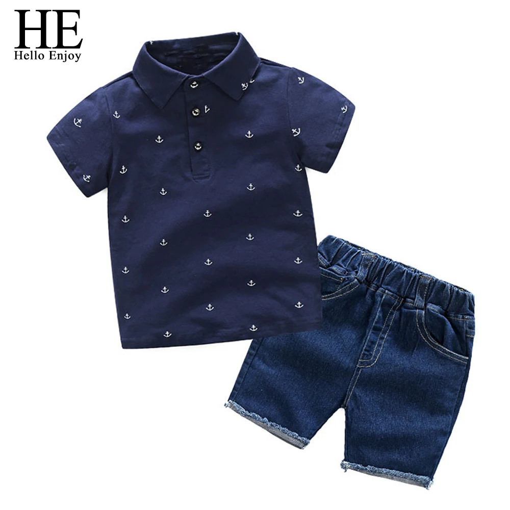 

HE Hello Enjoy Boy Clothes 2018 Summer Children Clothing Set Print Blouses Shirt+Denim Shorts 2 piece Outfits Kids Suits