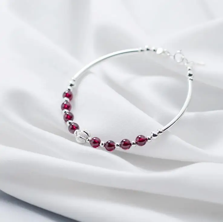 

Silver Bracelet 100% Real 925 Sterling Silver Bracelet with Garnet Bead
