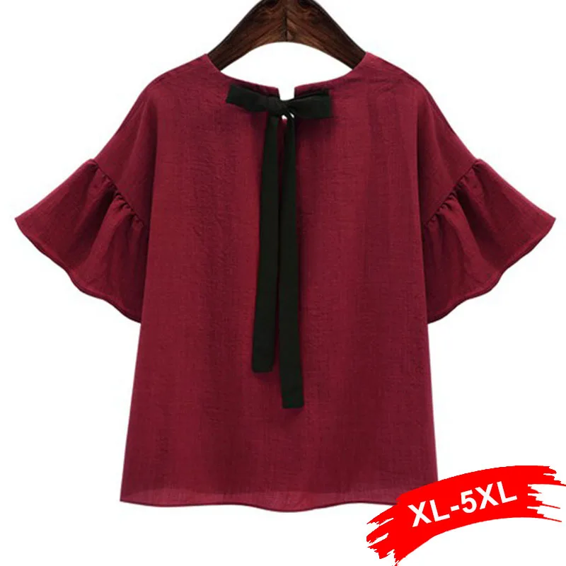 

Plus Size Lace Up Bow Tie Ruffles Women Blouse 4Xl 5Xl Summer Vintage Burgundy High Low Tops Cotton Linen Shirts Femme Blusa