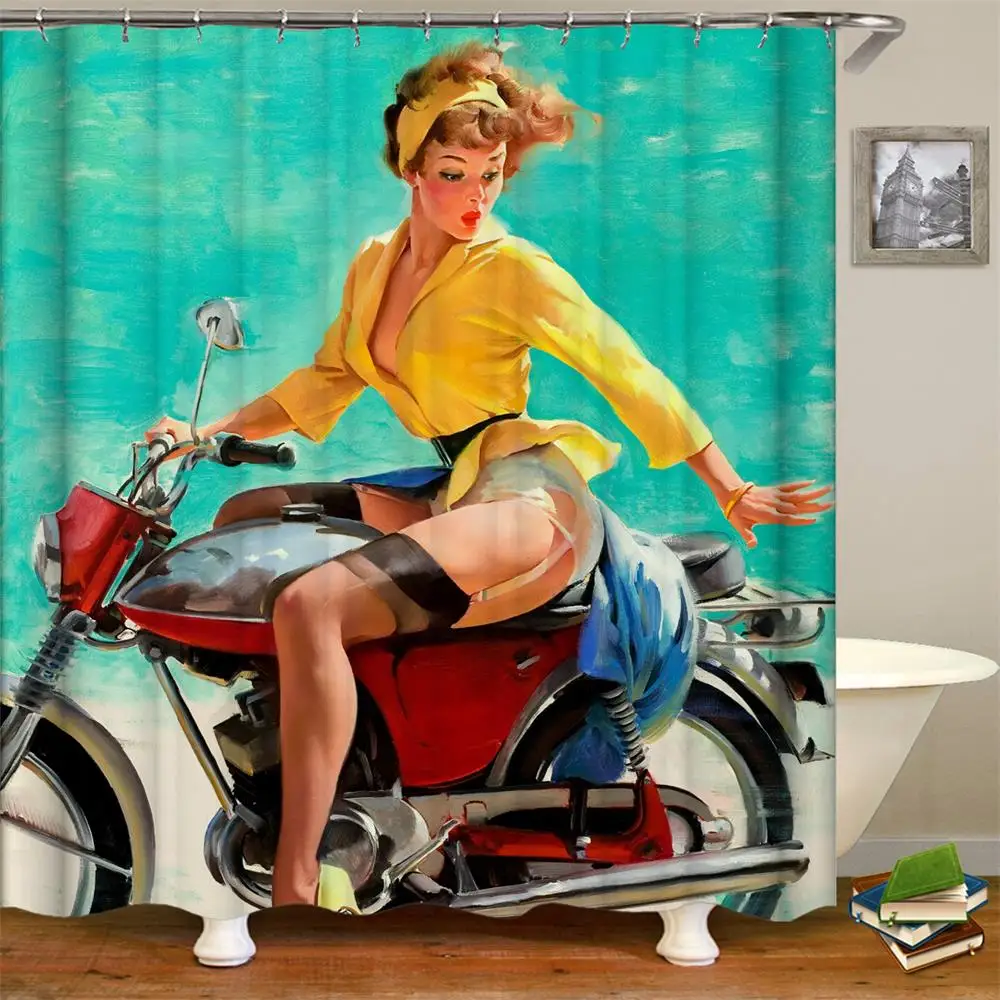 

Vintage Motorcycle Pinup Girl Waterproof Shower Curtain Set with Hooks Bathroom Accessories