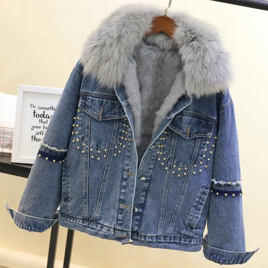 

Winter Women Warm Coat Fashion Rivet Spliced Jacket Real Fox Fur Collar+Natural Rabbit Hair Liner Thicken Oversize Outwear L1797