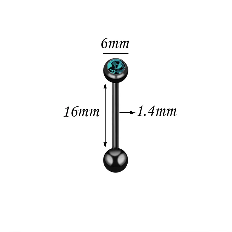 Fashion Black Tongue Rings Black Barbell Tongue Piercing Bar Stainless Steel Czech Crystal 7 Colors 1.4mmx16mm Body Jewelry Men1