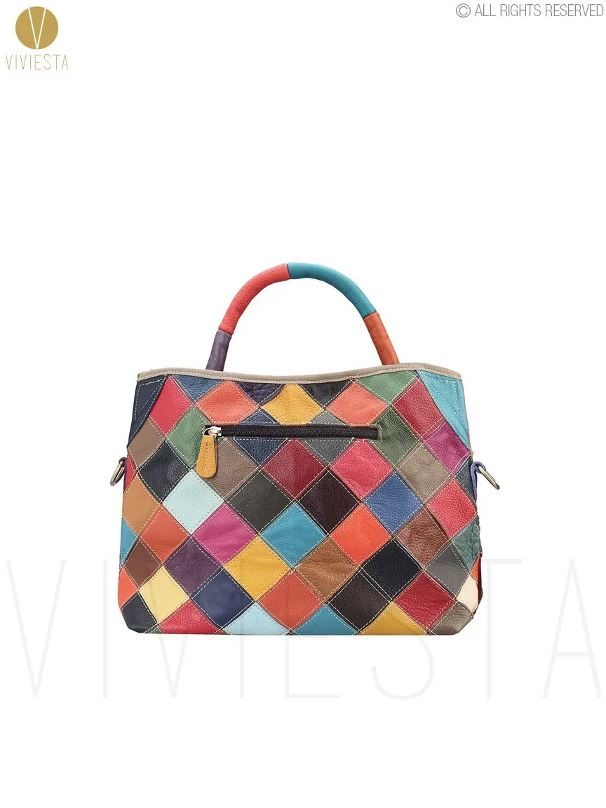 Women's Large Real Cowhide Leather Checkered Patchwork Shoulder Tote ...