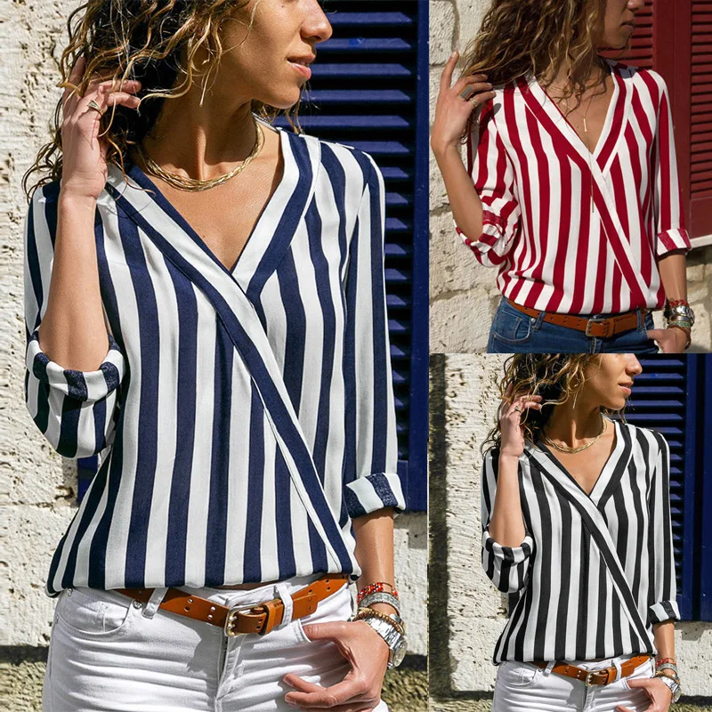 

Hot Women Chiffon Blouse 2019 Summer Elegant Striped V-Neck Blouse Shirt Loose Casual Tops Blusas Camisas Mujer Plus Size S-3XL