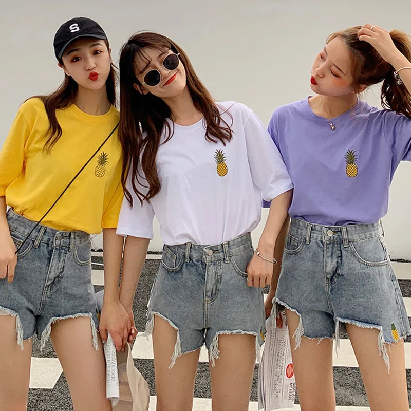 

harajuku ulzzang short sleeve all-match t-shirts korean kawaii Pineapple embroidery t shirt women casual loose streetwear tops