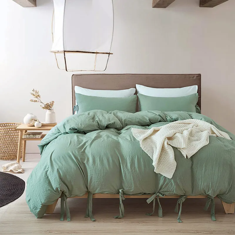 Моющийся хлопок пододеяльник наборы сплошной цвет мягкая кровать одеяло постельные принадлежности набор для одной односпальной кровати простота домашний текстиль - Цвет: Light Green