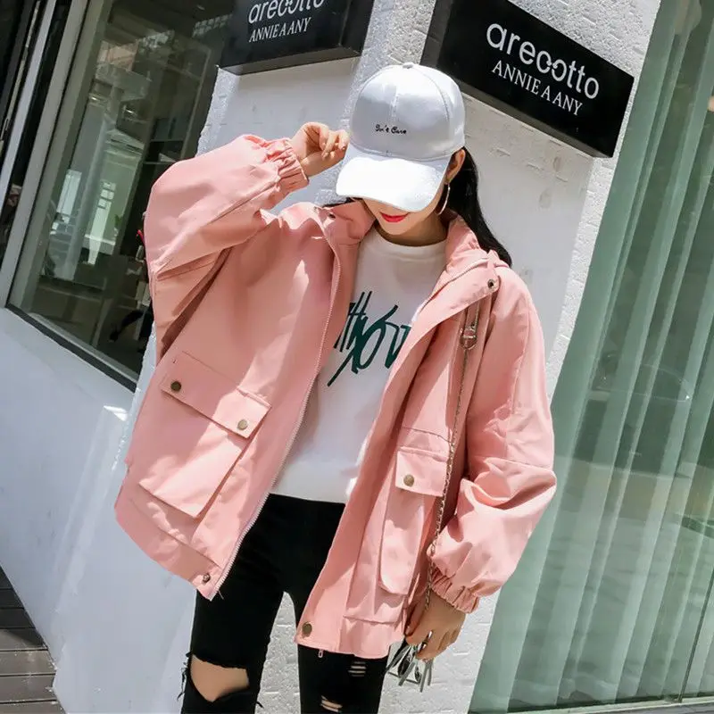 

2019 Spring&Autumn Women Casual Coat New Loose Large size BF Student Jacket Hooded Tooling Windbreaker Female Coat NZYD1348