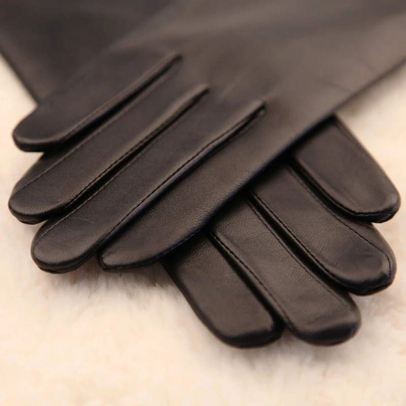 2019 New Women's Genuine Leather Gloves Female 100% Lambskin Leather Gloves Plush Lined Button Decoration Long Style L147NC1