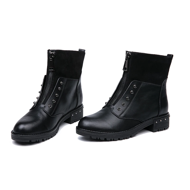 AIMEIGAO Front Zipper Black Ankle Boots For Women Warm Fur Plush Insole Women Boots Low Heel Cool Style Autumn Women Shoes