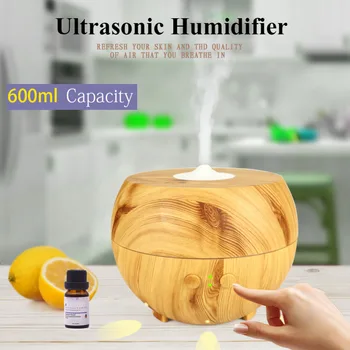 

600ml Wood Grain Ultrasonic Timing Humidifier Aromatherapy Essential Oil Mist Aroma Air Diffuser for Home Office LED Lamp