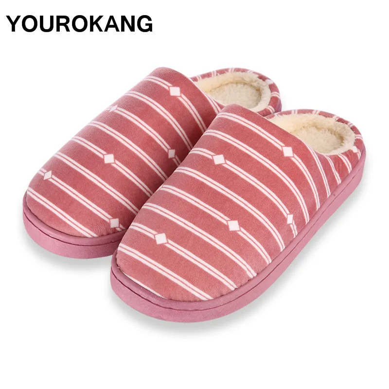 

YOUROKANG Plush Women Winter Home Slippers Indoor Bedroom Lovers Couple Furry House Shoes Fashion Soft Striped Warm Slippers