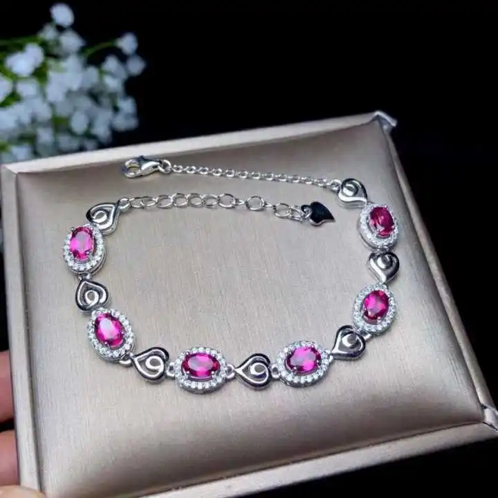  Bracelet en topaze rose naturelle Bracelet en pierres précieuses naturelles 925 bracelet en argent 