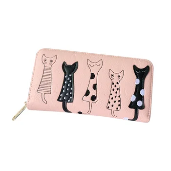 

New Women Cat Cartoon Wallet Long Casual Zip Clutch PU Leather Coin Purse ID Cards Holder Best Sale-WT