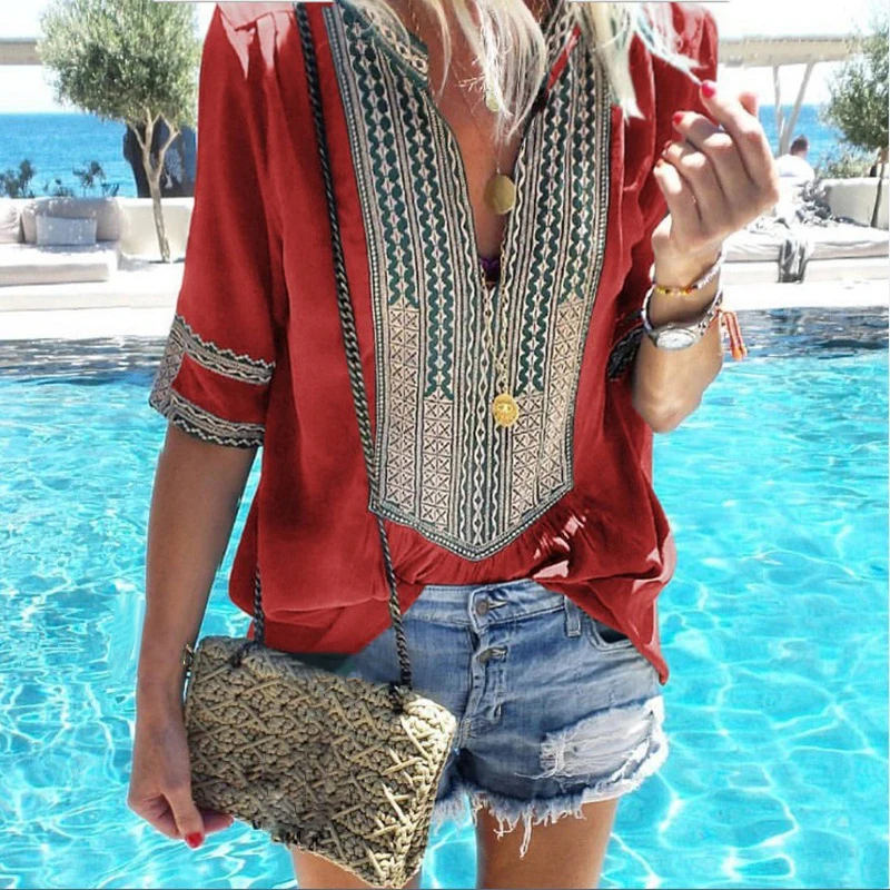 2019 Women's New Fashion Blouse Tops Beach Party Summer Loose Boho Deep V-Neck Half sleeves Print Blouse Femme Streetwear Shirt