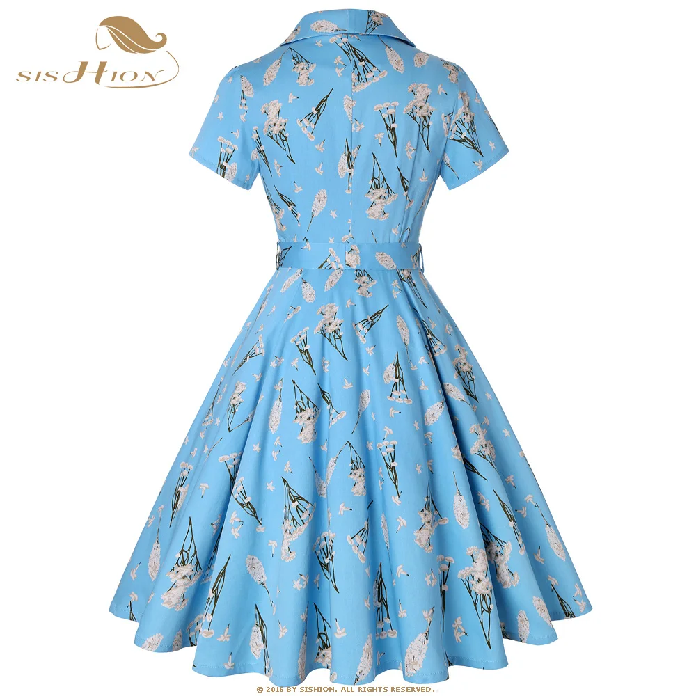Plus Size Women's Sky Blue Floral Cotton Tunic Vintage Dress with Dandelion Print from SISHION image 2