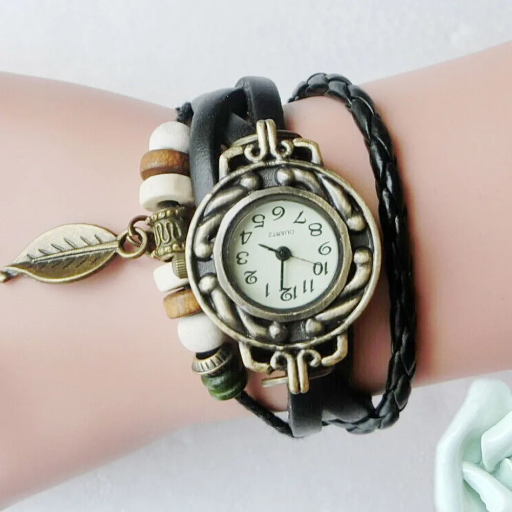 

OTOKY Fashion Casual Women Rhinestone Lady Leather Leather Winding Leaf Analog Quartz Wrist Bracelet Pendant Watch MAY31