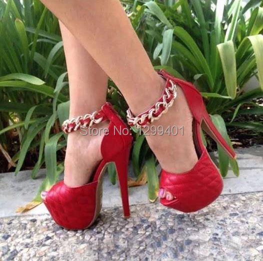 

Sexy Red Black Metal Ankle Strap Peep Toe Platform Sandals Women Leather Thin High Heels Cocktail Party Wedding Shoes