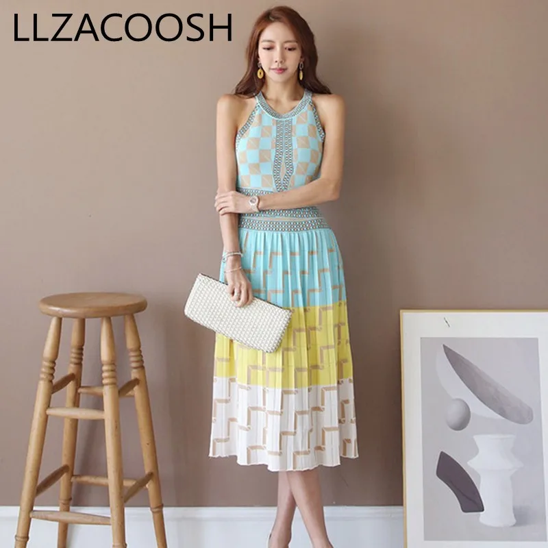 

2019 Summer Fashion Designer Women geometry Bohemia Sweater Dress Summer style Slim Sexy Long Knit Vest Dress