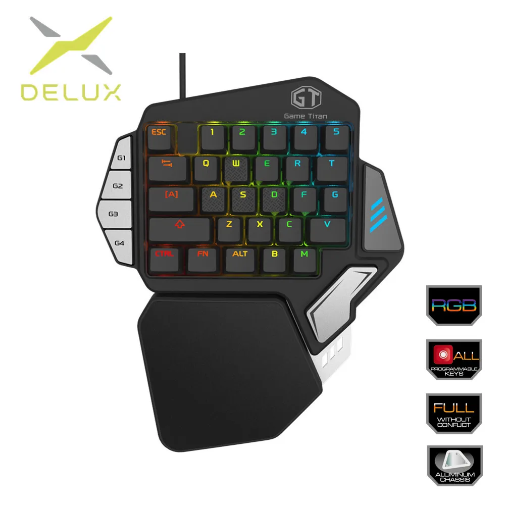

Delux Single-handed Mechanical Gaming Keypad Ergonomic All Keys rollover programmable RGB Mini keyboards for PUBG LOL E-sports