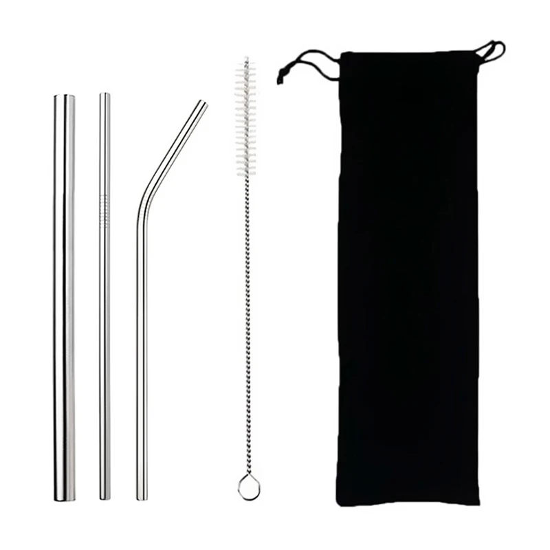 

Reusable Metal Drinking Straws 304 Stainless Steel Sturdy Bent Straight Drinks Straw with Cleaning Brush Bar Party Accessory